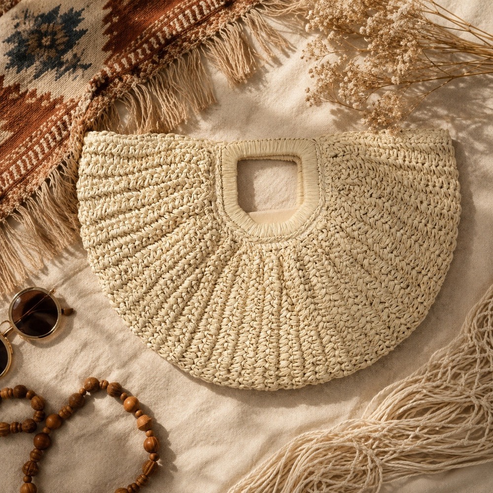 Natural Straw Half Moon Ramla Bag With Woven Texture & Wooden Handle Boho
